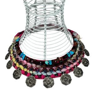 Boho Beaded Fabric Collar Necklace Embellished Coin Multicolor Pink Festival